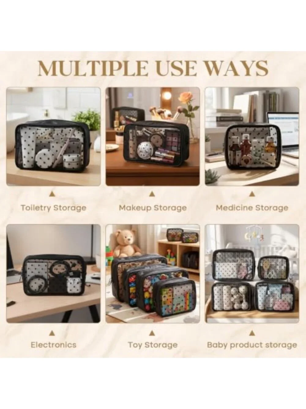4 Pcs Heart Mesh Toiletry Bags Set - Makeup Organizer, 3 Sizes, Black